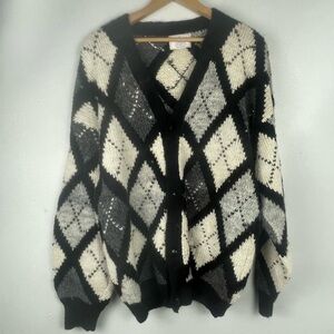VTG Argyle Cardigan Sweater 100% Alpaca Wool Men's XL Preppy Classic Bolivia